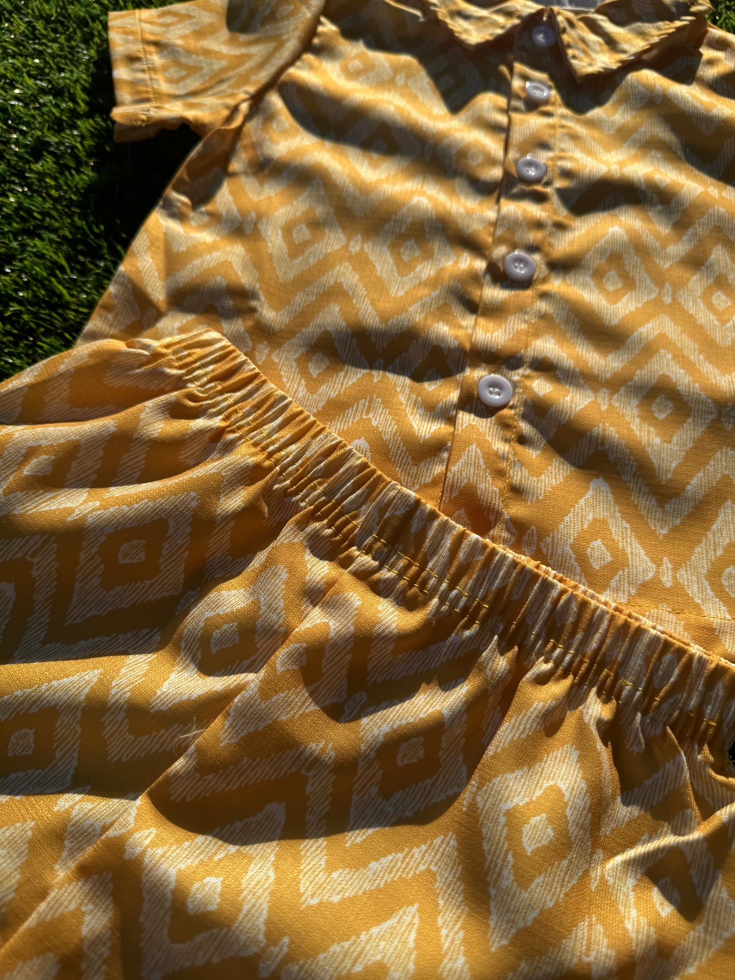 Yellow Diamond Print Button-up and Shorts Set