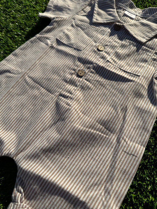 Beige & White Boys Stripe Jumpsuit