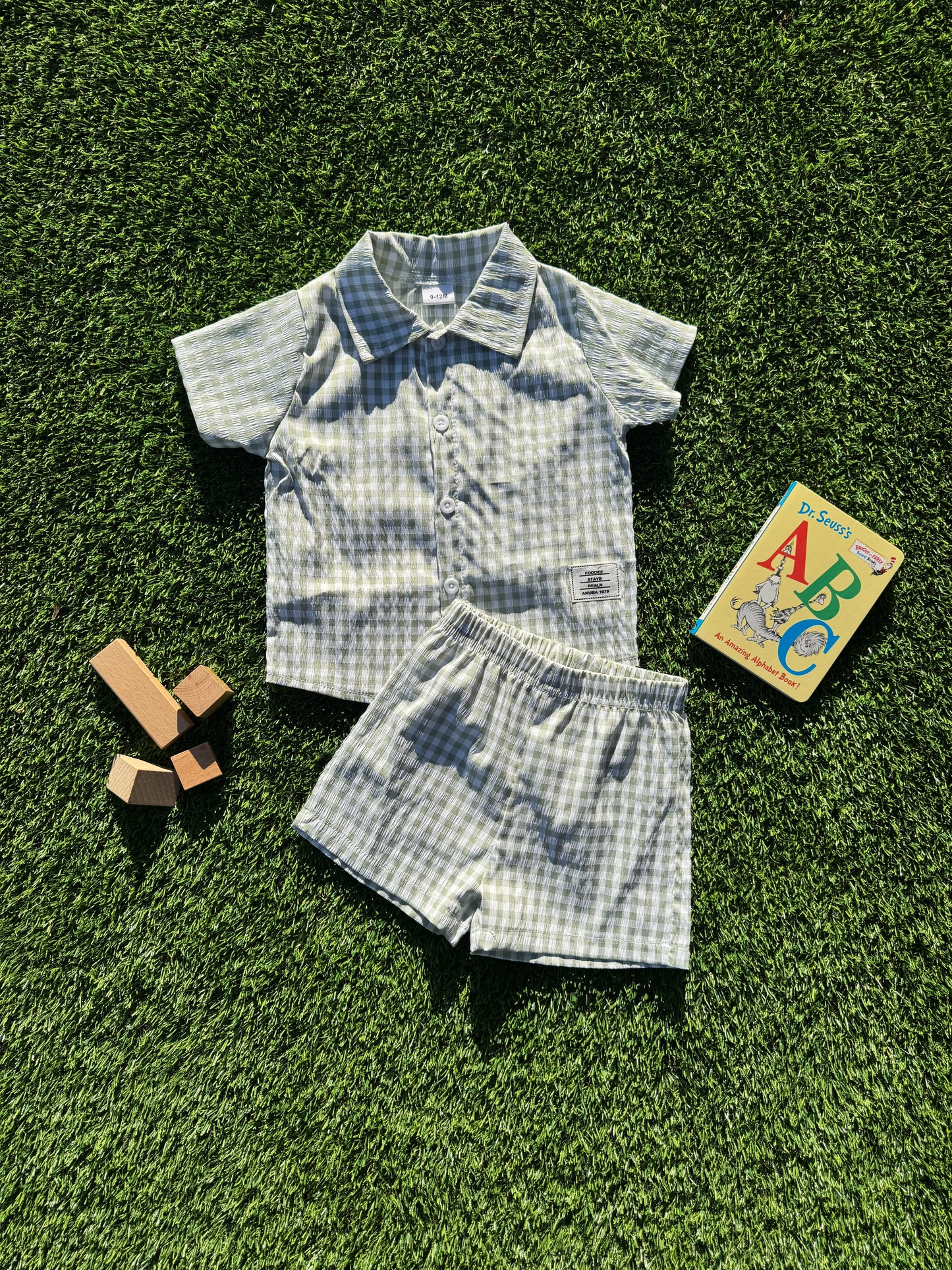 Green & White Gingham 2pcs Button-up and Shorts Set