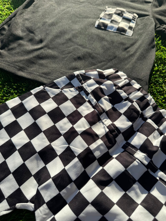 Boys Black & White Checkered T-Shirt and Shorts Set