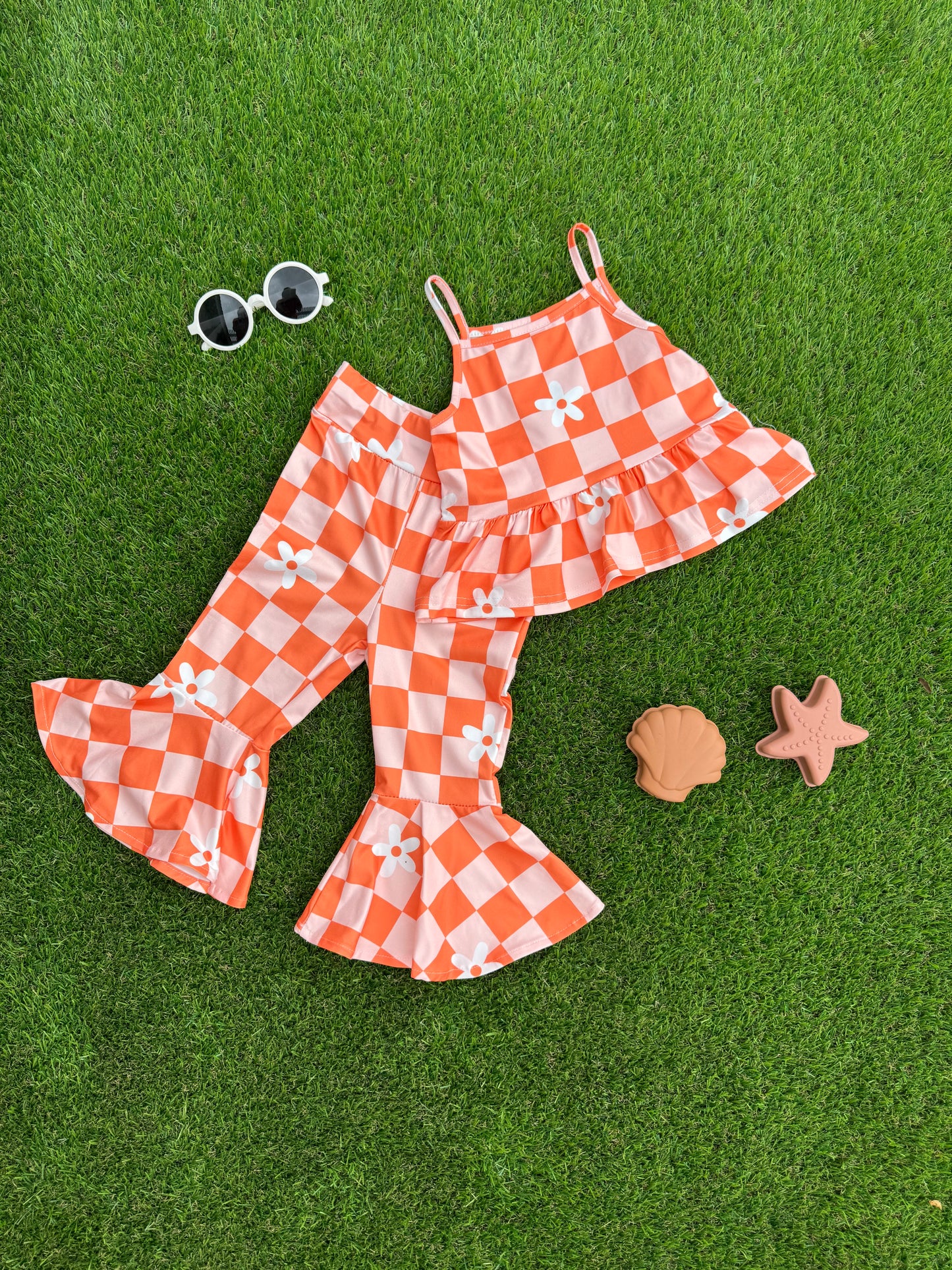 Flower Checker Cami Top & Flare Pant 2pcs Set