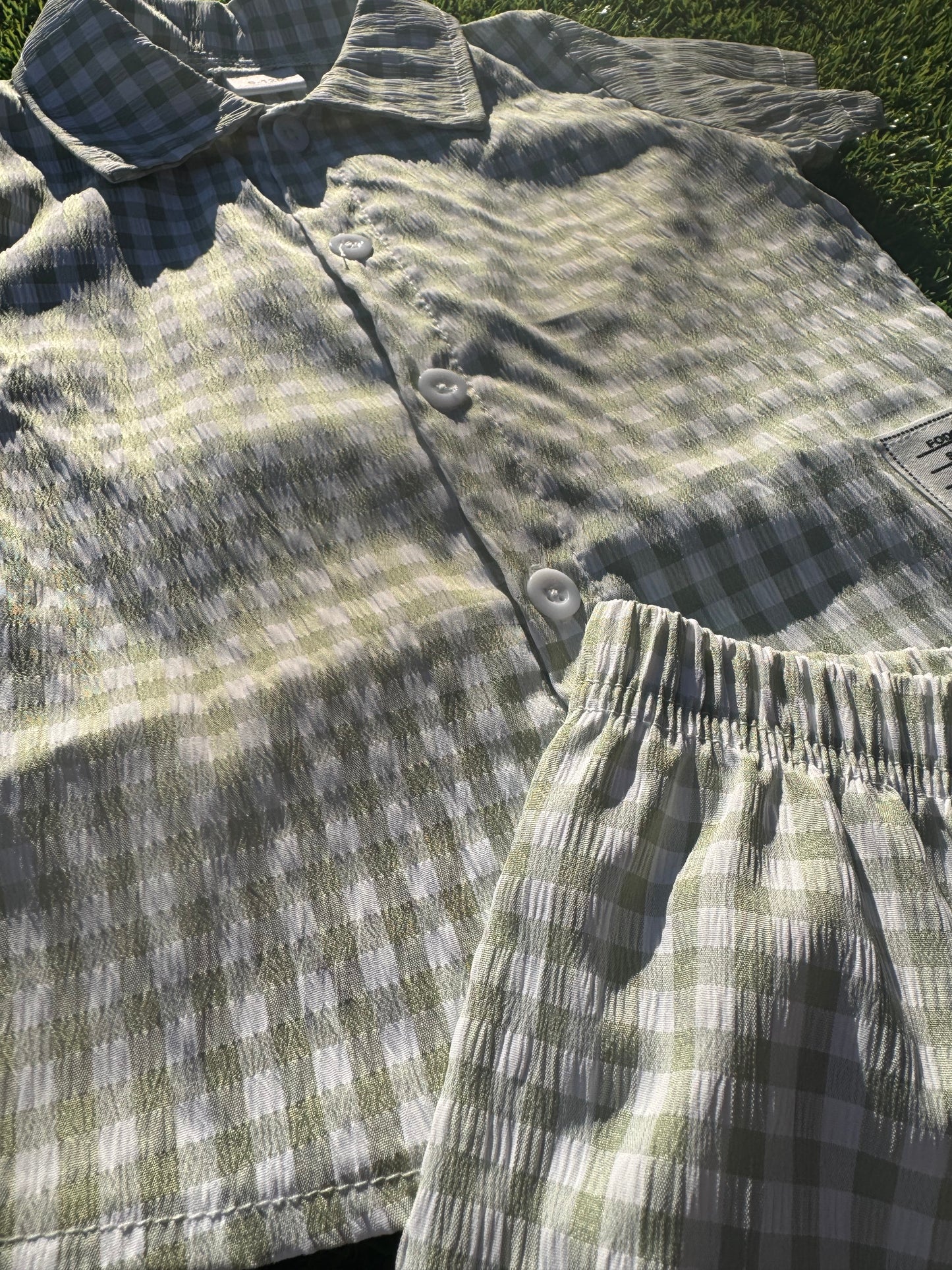 Green & White Gingham 2pcs Button-up and Shorts Set
