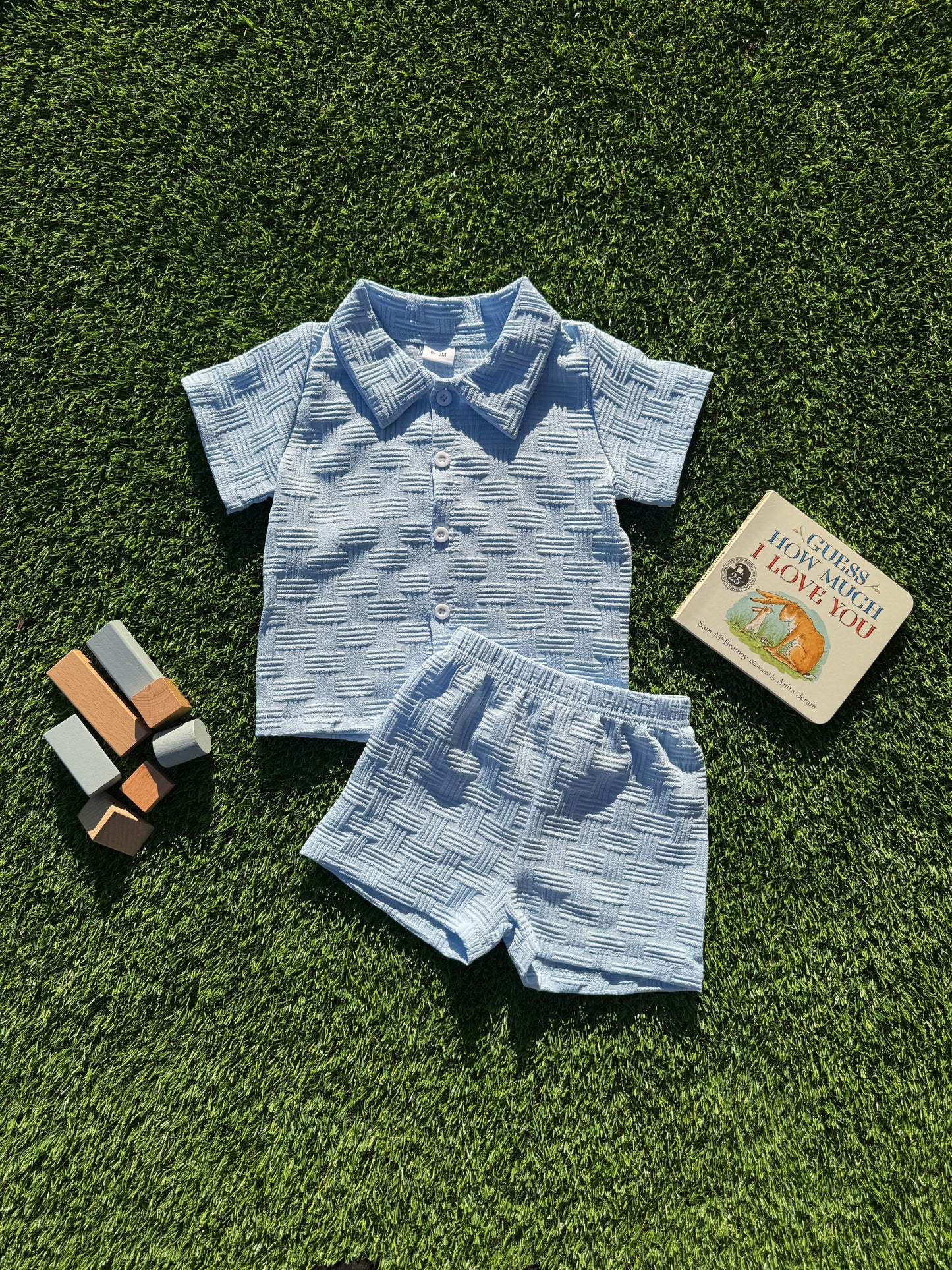 Sky Blue Textured Button-up Shirt & Shorts Set