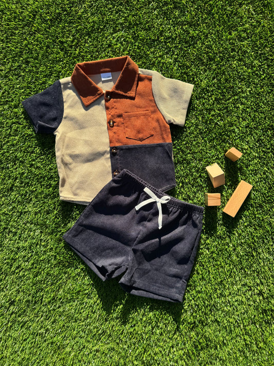 Corduroy Navy, Rust, and Tan Color Block Button-Up & Shorts Set