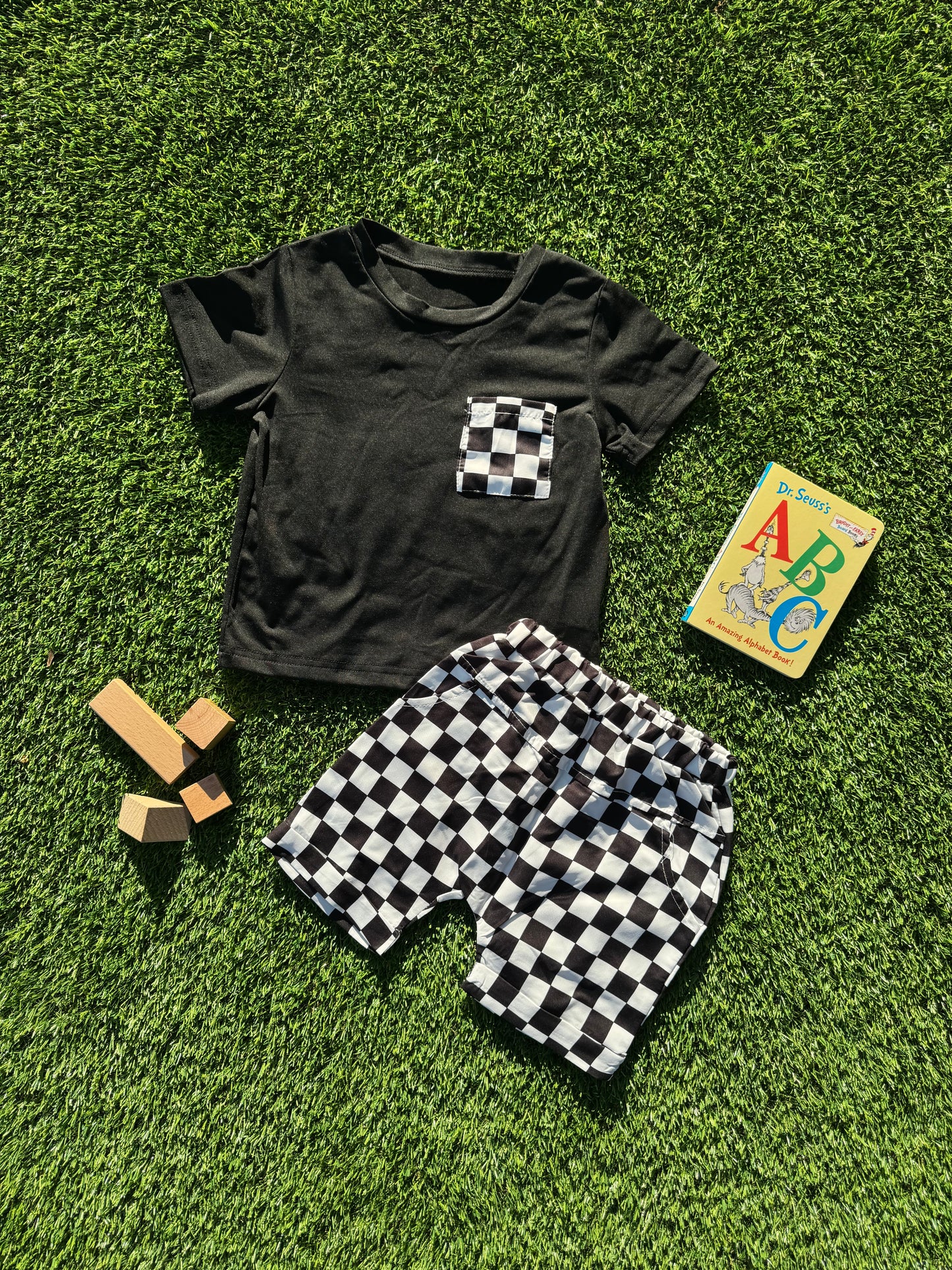 Boys Black & White Checkered T-Shirt and Shorts Set