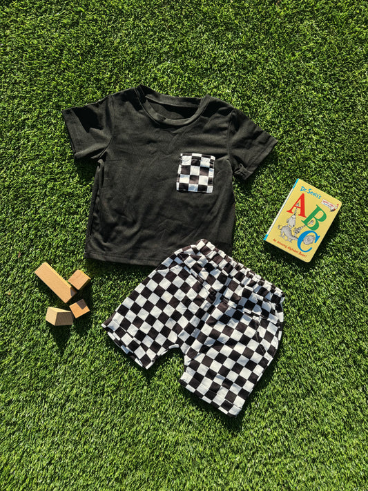 Boys Black & White Checkered T-Shirt and Shorts Set