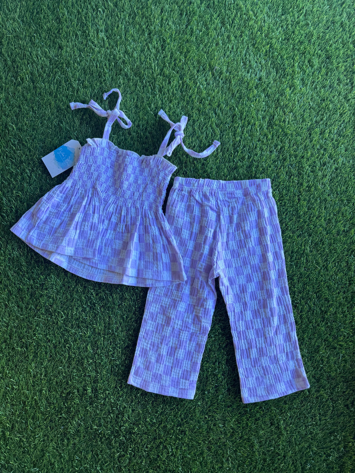 Purple Checkered Pant & Tie Smocked Top