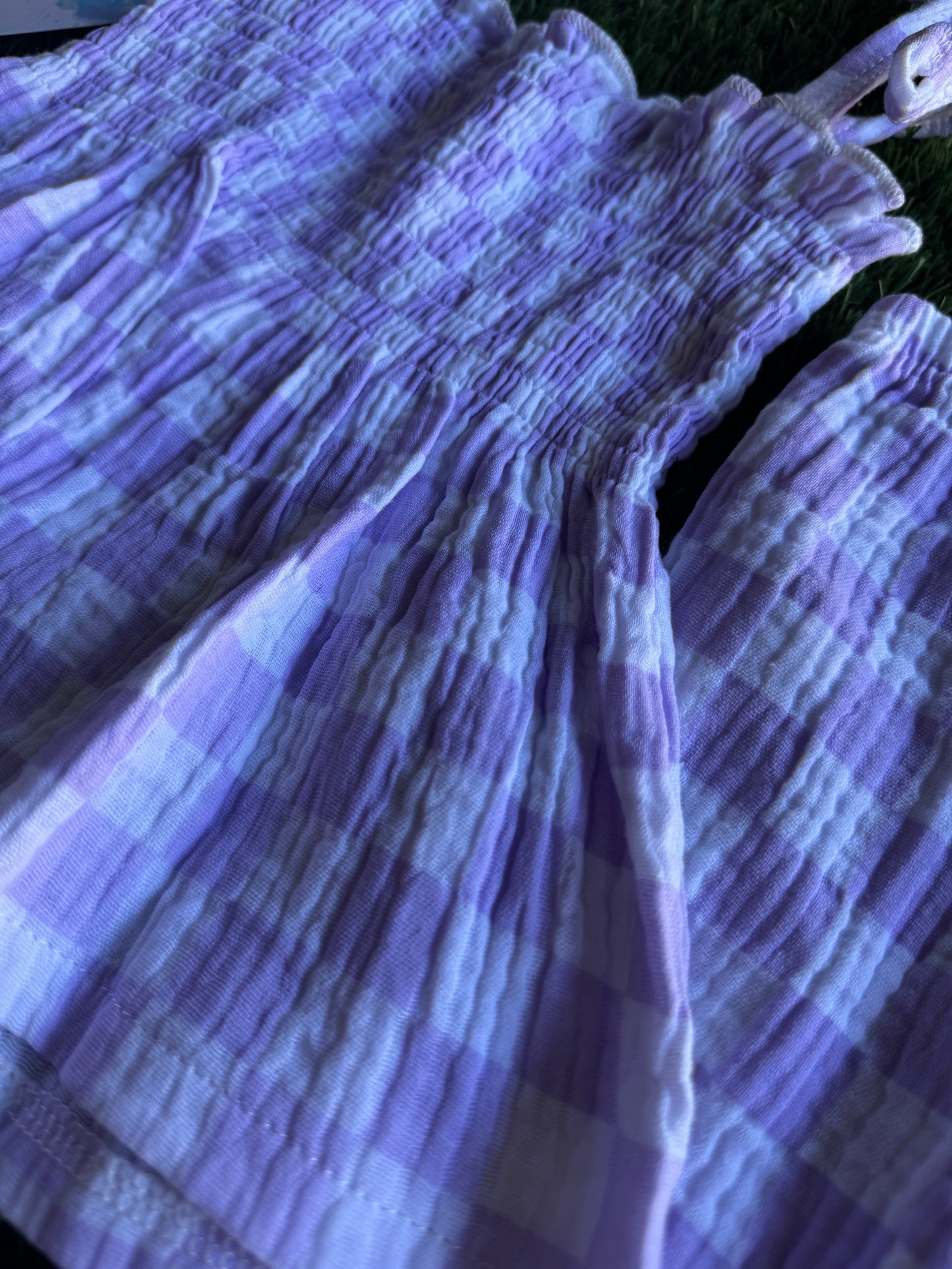 Purple Checkered Pant & Tie Smocked Top