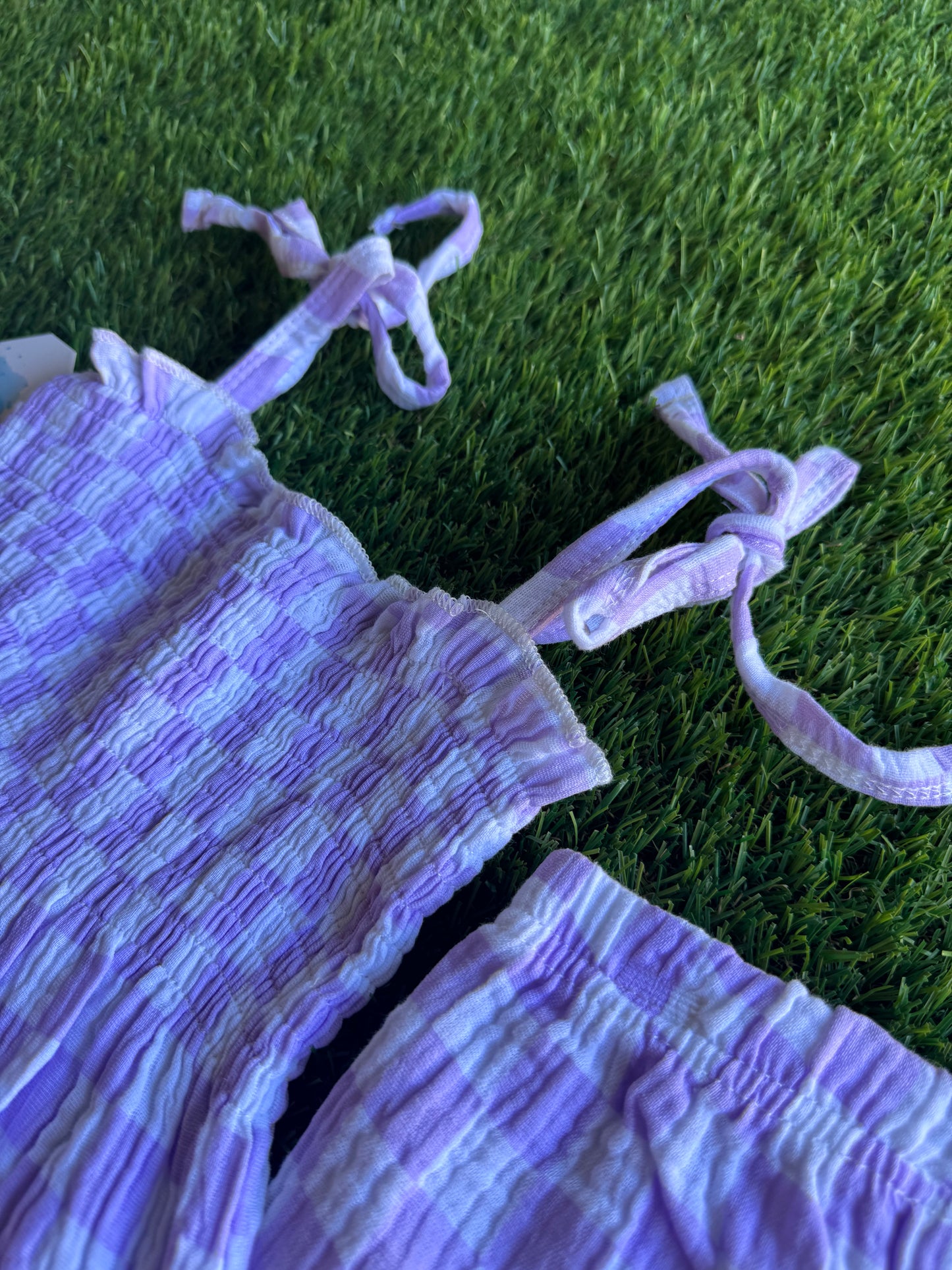 Purple Checkered Pant & Tie Smocked Top