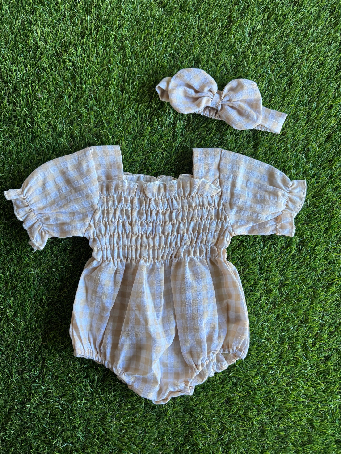 Mommy & Me Gingham Baby Bubble Romper w/ Matching Bow